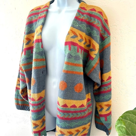 OAKBROOK Vintage 90s Aztec Geometric Ramie Knit Long Cardigan Womens L Cosby - Picture 7 of 12